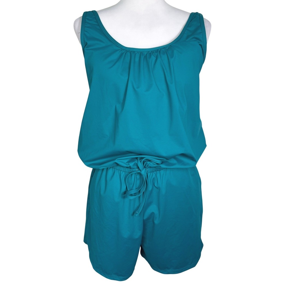 TEMPT ME Women's Medium Teal Blue Blouson Swim Romper One Piece Swimsuit
